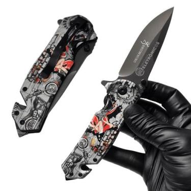 Imagem de Canivete Estampa Cabo Metal Semi Automático Trava Liner Lock Cabo Ergo