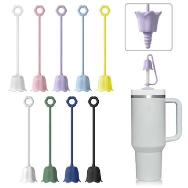 Imagem de Neepanda 9 peças de capas de canudo de silicone para copo Stanley Yeti, tampa de canudo reutilizável fácil de limpar, cobertura de palha de flor à prova de poeira compatível com canudos de 6-10