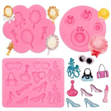 Imagem de Moldes para fondant com tema de maquiagem, moldes de silicone de perfume de batom de salto alto, pente espelhado, chapéu de sol, decoração de bolos, moldes de chocolate para topo de cupcake, doces,