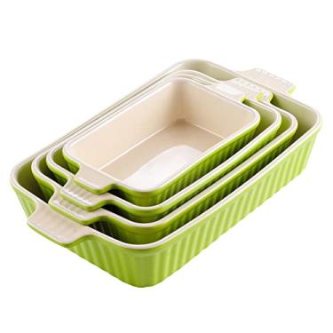 Imagem de MALACASA Conjunto de 4 forminhas de porcelana para forno, caçarola, assadeira retangular de cerâmica para cozinhar bolo cozinha, verde (23,9 cm/28,2 cm/31 cm/37,3 cm), série BAKE.BAKE