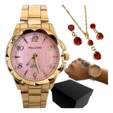 Imagem de Relógio Feminino Dourado Luxo + Conjuto Folheados + Brincos - EEA SEMI