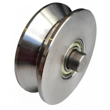 Imagem de Roldana em aço 4" canal (v) com eixo e rolamento porta portao ferro jo