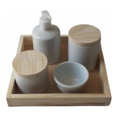 Imagem de Kit Higiene Bebê Porcelana Branca 5 peças Potes com Tampa e bandeja ma
