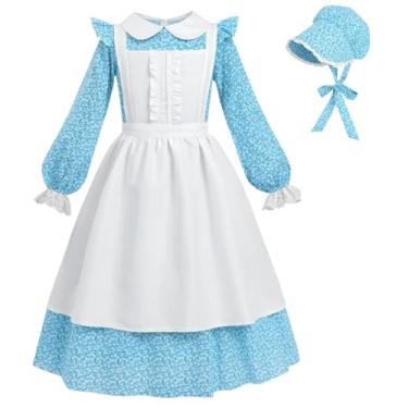 Imagem de NSPSTT Fantasia colonial para meninas vestido de pioneira para meninas fantasia de peregrino vestido infantil 1800 azul idade acima de 4 anos