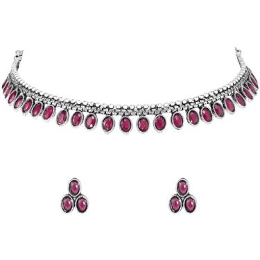 Imagem de Aheli Brincos de gargantilha cravejados de pedra sintética preta banhada a prata conjunto de joias étnicas presente para mulheres, Onesize, Cobre, Pedra sintética