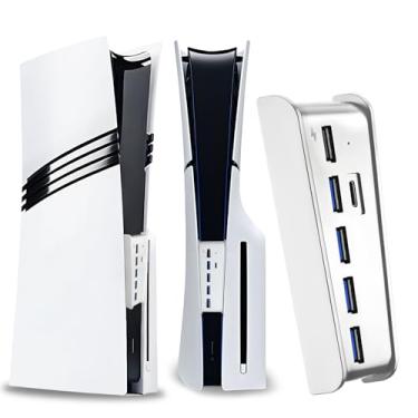 Imagem de Hub USB de 6 portas para PS5 Pro e PS5 Slim Console Disc/Digital, portas USB extra de alta velocidade para acessórios PS5 Slim Pro, adaptador divisor de carregador de hub PS5 com 4 USB 2.0 + 1 porta