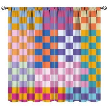 Imagem de Cortinas xadrez coloridas, abstrata moderna arco-íris retrô groovy cortina 1970 estampa geométrica quadriculada cortinas para janela para quarto de crianças sala de estar 132 x 213 cm