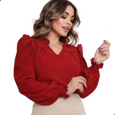 Imagem de Blusa Manga Longa Bufante Gola V Listrada Feminina Social - G-Store, V