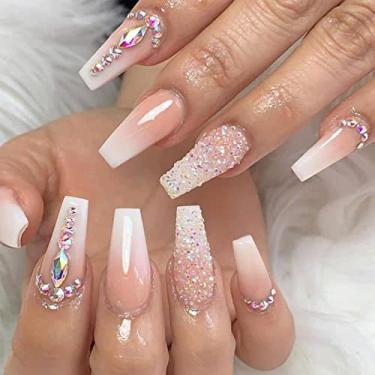 Imagem de Leuhiove Unhas Postiças Quadradas Luxuosas Com Glitter, Glitter Degradê Rosa, Design De Cristal, Médias, Para Pressionar, Com Cola - Acabamento Acrílico Artificial Para Mulheres E Meninas