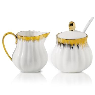 Imagem de Conjunto de açúcar e creme de cerâmica, conjunto de açucareiro branco e creme com acabamento dourado, 3 peças com jarra de creme de 290 ml, açucareiro de 325 ml com tampa e colher, conjunto de servir