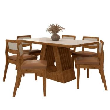 Imagem de Mesa Santiago Com 6 Cadeiras Sextavada Frei/off/corino Caramelo - M.a Freijó/off Pre/corino Caramelo