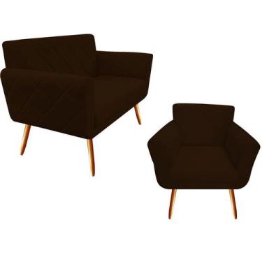 Imagem de Kit Namoradeira + 1 Poltrona Decorativa Sabrina Couro Marrom Pés Madei