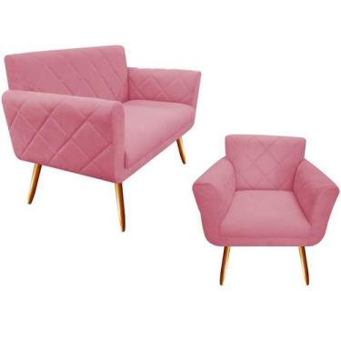 Imagem de Kit Namoradeira + 1 Poltrona Decorativa Sabrina Suede Rosa Pés Madeira