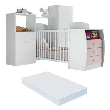 Imagem de Quarto Infantil com Berço-cômoda e Colchão Incluso Laura Multimóveis Branco/rosa