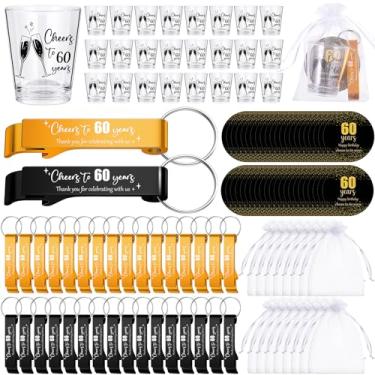 Imagem de Havawish 200 peças 50 conjuntos de lembrancinhas de festa de aniversário de 60 anos para convidados Cheers Birthday abridor de cerveja chaveiro 1. Copos de dose de 142 g cartões de presente