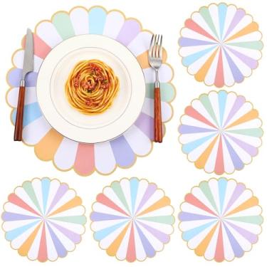 Imagem de Tiangrid 48 peças de jogo americano descartável pastel de 33 cm com borda recortada listrada para mesa de casamento, casamento, aniversário, cozinha, festa, banquete, suprimentos (arco-íris)