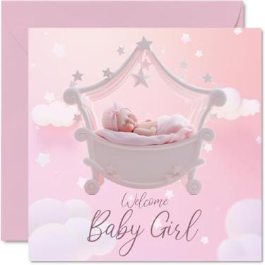 Imagem de New Baby Girl Card - Welcome Baby Girl - Parabéns Baby Girl Cards Newborn, Well Done Congrats New Baby Cards, Welcome To The World Home Gifts, Cartões de felicitações de bebê de 145 mm x 145 mm para