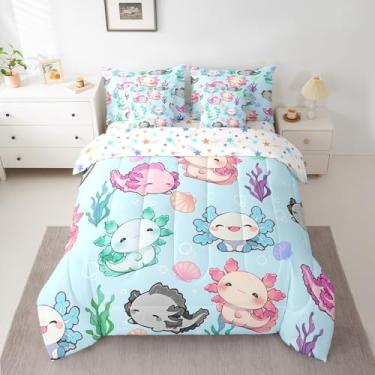 Imagem de Jogo de cama casal de 7 peças Axolotl com desenho animado, salamandra, edredom com lençol de cima, fronhas e fronhas para adultos, kawaii, oceano, marinha, rosa, azul, verde, macio para todas as