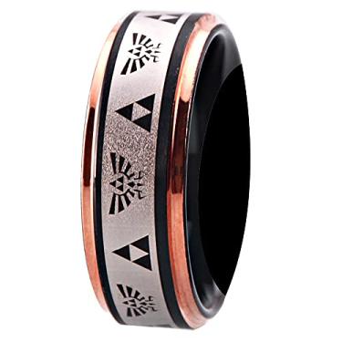 Imagem de Anel de gravação inversa com padrão laser com brasão e anel triforce 8 mm de largura anel de tungstênio preto e ouro rosa tom anel masculino alianças de casamento sem anel gravação personalizada,