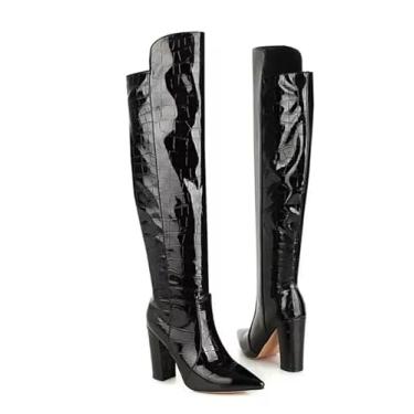 Imagem de Bota Feminina Over the Knee em Couro Croco Marrom, Salto Alto 10cm, Cano Longo (Preto, BR, Adulto, Numérico, M, 35)