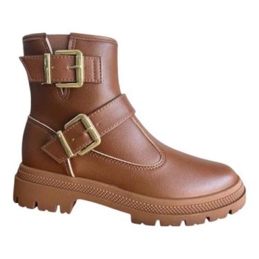 Imagem de Bota Coturno Feminina Cano Curto Fivela Decorativa Moleca, caramelo, 3