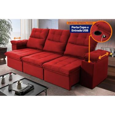 Imagem de Sofá Retrátil Reclinável Verona USB + Porta Copo 2.30m Suede Velut Vermelho c/ Molas no Assento - King House