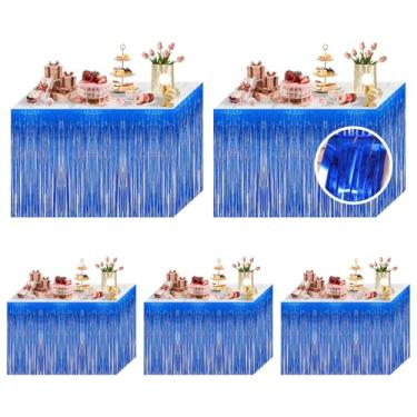 Imagem de Pacote com 5 saias de mesa azul 73 x 272 cm de folha metálica com franja de tinsel para mesas redondas retangulares flâmula de estanho para decoração de festa de aniversário, decoração de desfile de