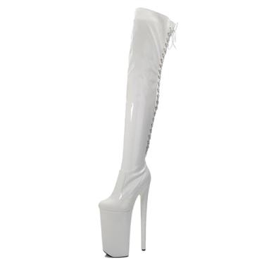 Imagem de AKTree Botas femininas de cano médio para mulheres salto alto bloco salto elástico tira zíper sapatos de inverno, Branco, 35