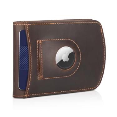 Imagem de Carteira masculina Polare Slim Curve de couro legítimo italiano com bloqueio de RFID, bolso frontal, Marrom escuro com suporte AirTag, Small, Casual