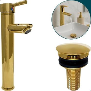 Imagem de Torneira Dourada Bica Alta Para Pia Banheiro E Valvula Click 7/8 Inox 