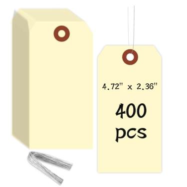 Imagem de Etiquetas de envio em branco com arame - 400 peças Etiqueta Manila para pendurar com ilhó reforçado, etiquetas de presente de exibição de preço para produtos joias roupas 12 cm x 6 cm