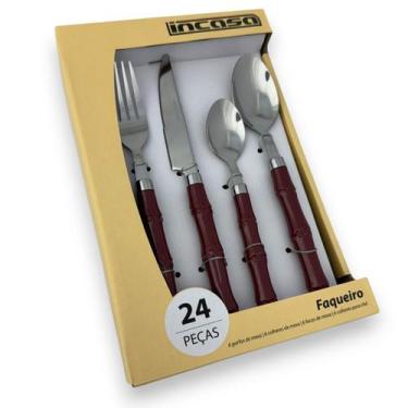 Imagem de Faqueiro Kit Talheres 24 Peças Bambu Rústico Bordô Aço Inox - Incasa