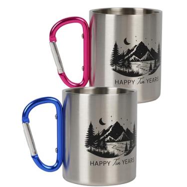 Imagem de PureRejuva Presentes de estanho de aniversário de 10 anos para ele – aniversário de lata para marido – Caneca de alumínio de 236 a 340 ml com alça de mosquetão – 10º aniversário para casal (2 unidades