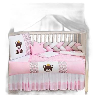 Imagem de Kit Berço Menina Urso Princesa Rosa Claro 11 Peças Saia Box
