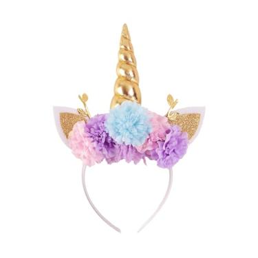 Imagem de Nishine Tiara de coroa de unicórnio com flor artificial com glitter para decoração de cosplay de aniversário (ouro)