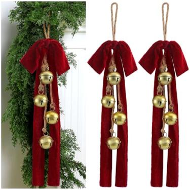 Imagem de Moxweyeni 2 peças de sinos de vaca de Natal com laço de veludo, sinos vintage de 45 cm com corda de suspensão de juta ornamentos dourados rústicos para grinalda de gota, decoração de porta de parede