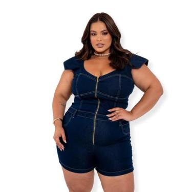 Imagem de Macaquinho Curto Jeans Plus Size de Alça larga Zíper Frontal - QCHICK 