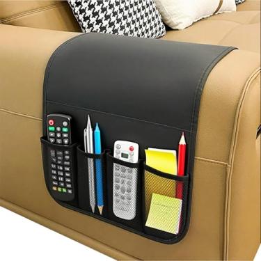 Imagem de Organizador de apoio de braço de sofá de couro antiderrapante para sofá, apoio de braço, bolsa de cabeceira, organizador de bandeja de braço de sofá com 5 bolsos para suporte de controle remoto de TV
