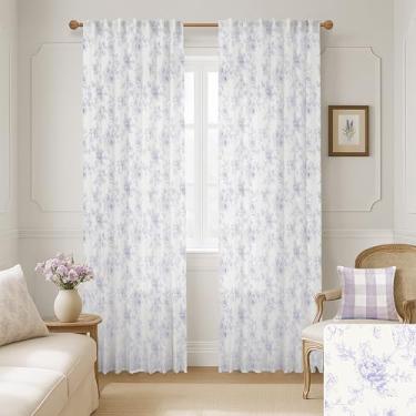 Imagem de Cortinas florais roxas lavanda para quarto, vintage French Country Toile Cottage Core Sheer Linen Cortinas femininas de fada para berçário, sala de estar, lilás claro e branco