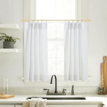 Imagem de Cortinas de cozinha de linho, cortinas de banheiro pequenas extra largas janela rústica decoração de casa de fazenda 86 cm de comprimento branco
