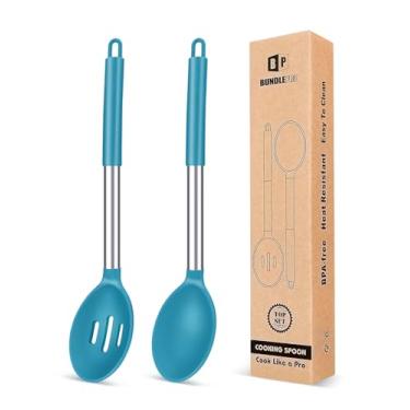 Imagem de Pacote com 2 colheres grandes de silicone para cozinhar, colher de temperar sólida antiaderente, utensílios de cozinha resistentes ao calor para misturar, servir, drenar (azul)