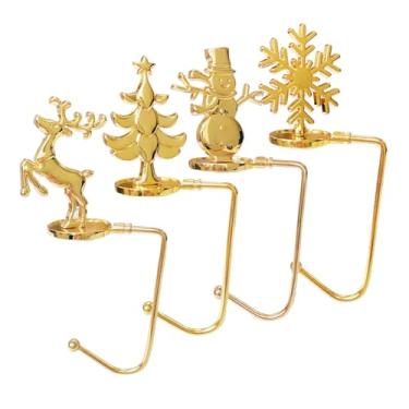 Imagem de IEUDNS 4 peças suporte para meias de Natal suporte para guirlanda leve de metal floco de neve boneco de neve gancho para lareira de casamento, Ouro
