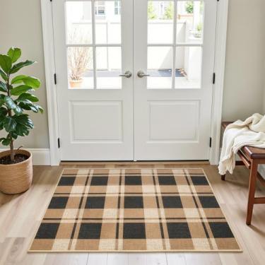Imagem de AROGAN Tapete de entrada quadriculado pequeno, tapete de juta 5,5 x 7,5 cm, tapete lavável antiderrapante, design de casa de fazenda, neutro, geométrico, baixo pêlo, tapete para entrada, varanda