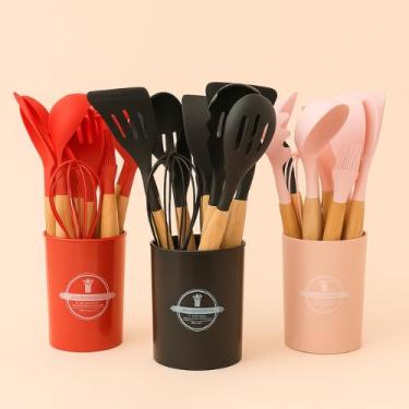 Imagem de Kit Utensílios de Cozinha 12 Peças em Silicone com Cabo de Madeira, Suporte Organizador, Resistente ao Calor, Antiaderente, Sortido