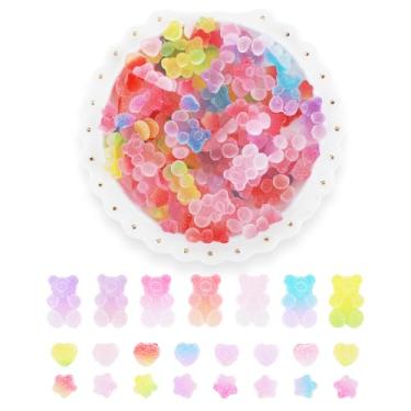 Imagem de 120 peças de berloques de geleca Kawaii 3D fofos mini contas de urso de goma de unha plana em resina a granel para fazer enfeites de doces suprimentos vários tamanhos geleia açúcar coração estrela