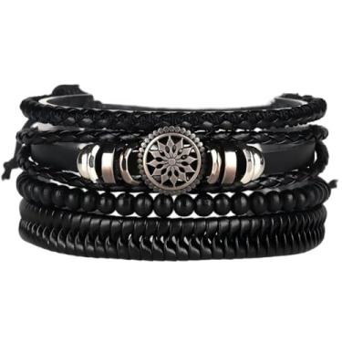 Imagem de Pulseira de couro masculina feita à mão, pulseiras empilháveis de couro, multicamadas, preto, marrom, trançado, elástico, para mulheres, conjunto de joias punk, presentes, Medium, Couro, Sem Pedra