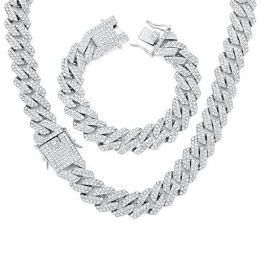 Imagem de HIPBLING Conjunto de pulseiras de corrente cubana Miami para homens e mulheres, 2 peças, colar cubano, ouro, prata, 20 mm, corrente cubana gelada para meninos e mulheres, conjunto de joias para presente, Zircônia cúbica, Zircônia cúbica
