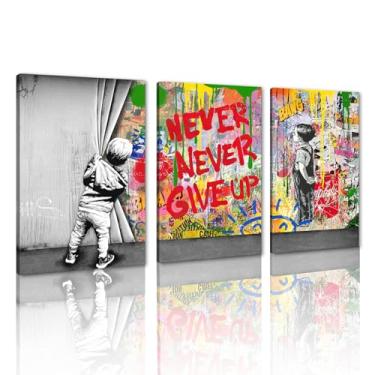 Imagem de Grande Atrás da cortina Never Give Up Arte de parede de grafite inspirador 3 peças Banksy impressão em tela pôsteres arte abstrata de rua moderna para decoração de parede de escritório em casa