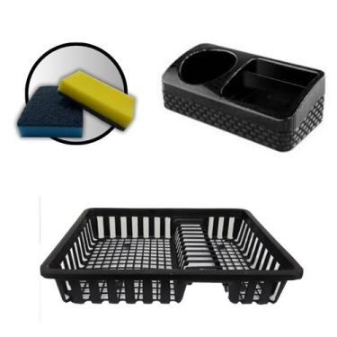 Imagem de Kit Porta Detergente Escorredor De Louça Esponjas Amarela e Azul - Arq