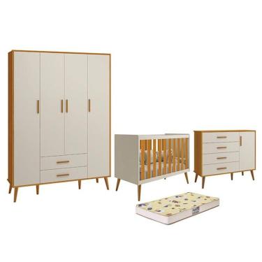 Imagem de Dormitório Infantil Isis Guarda Roupa 4 Portas, Cômoda 1 Porta e Berço Areia/Savana com Colchão D18 - Reller Móveis